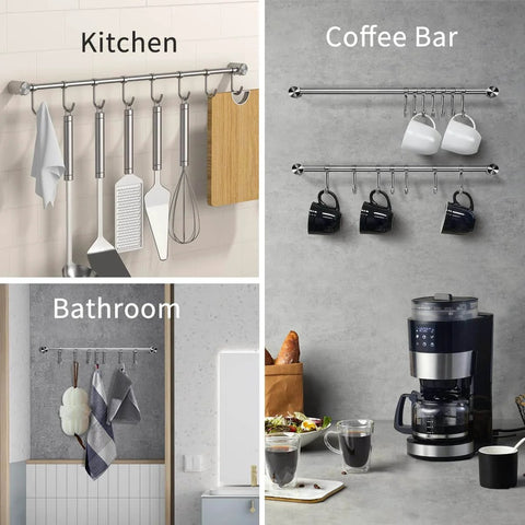 Kitchen Utensil Rack 2 Pack, 15.6 Inch Pots and Pans Hanging Rack Wall Mounted with 304 Stainless Steel Utensil Hanger shown in use