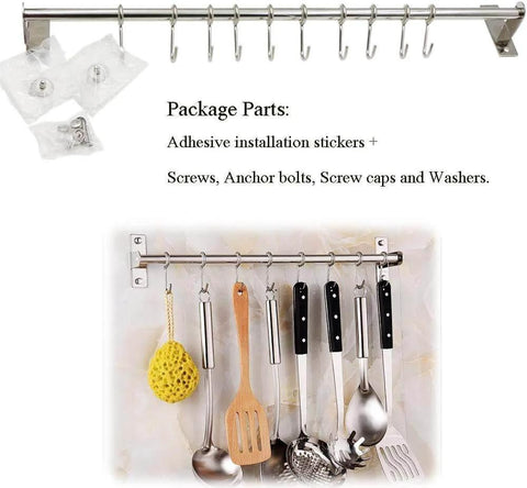 Kitchen Sliding Hooks, Stainless Steel Hanging Rack Rail Organize Kitchen Utensil Removable S Hook for Towel, Spoon, Wall Mounted Hanger