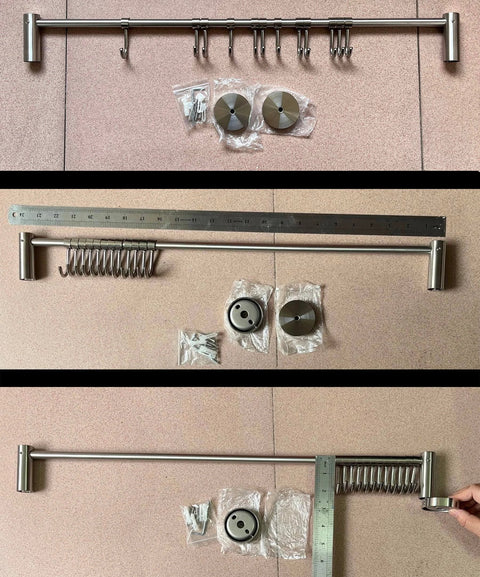 Premium Stainless Steel Kitchen Tool Utensil Organizer Rack with Movable Hooks for Pan Pot, Wall Mount (24"-12Hooks Version B) displayed on surface with accessories.