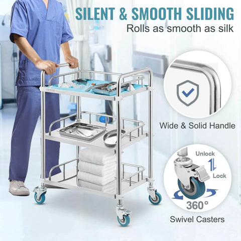 Stainless Steel Lab Rolling Cart With 3 Shelves, Heavy-Duty Lab Serving Cart With Guardrails And Swivel Casters For Clinic, Hospital, Dental Office Or Salon, Generous Space Between Shelves, 26.38 x 15.55 x 34.13 Inches, By VEVOR