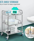 Stainless Steel Lab Rolling Cart With 3 Shelves, Heavy-Duty Lab Serving Cart With Guardrails And Swivel Casters For Clinic