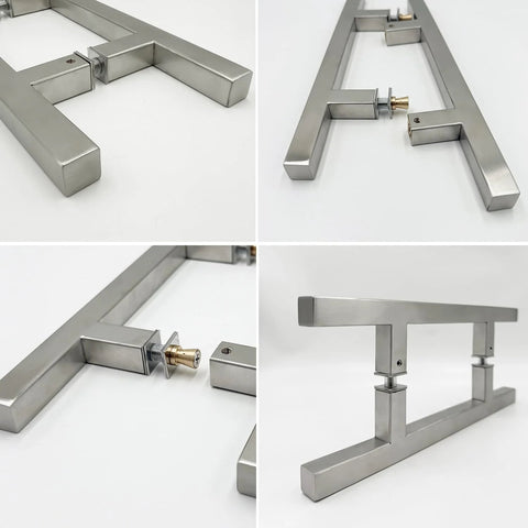 Square Ladder Pull Back to Back Handle for Frameless Shower Doors Brushed Nickel 304 Stainless Steel H Shape Tube 6 Inch Center to Center Suitable for Glass One Quarter Inch to One Half Inch Thickness Replacement Hardware