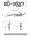 Diagram of a Stainless Steel Adjustable Latch Buckle Cabinet Box Lever Handle Toggle Catch Lock For Doors And Drawers 75 To 95 Mm Range 2 Pack Silver Durable Easy Install For Secure Closure showing dimensions and padlock use.