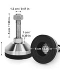 Front and top view of Beefy Leveling Feet For Cabinets Tables Workbenches And Machines With 2 36 Inch Base And M12 Thread Adjustable Leg Levelers 5280 Lb Capacity 304 Stainless Steel With Nylon Base For Floor Protection Vibration Dampening 4 Pack Anwenk showing 60mm base and M12 thread with labeled measurements