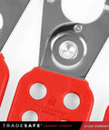 Close-up of stainless steel lockout hasp with nylon handle for group lockout LOTO, tamper proof and impact resistant 1 inch jaw.