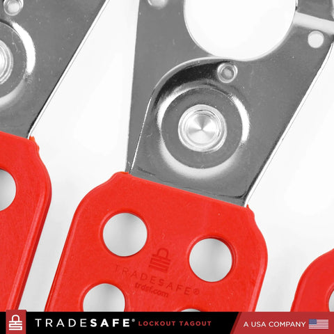 Close-up of stainless steel lockout hasp with nylon handle for group lockout LOTO, tamper proof and impact resistant 1 inch jaw.