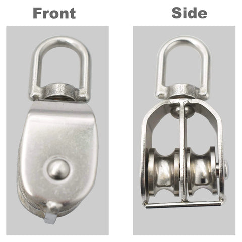 2 Packs Stainless M20 Double Pulley Block Lifting Teaction Wheel Wire Rope Crane for Lifting and Hanging, front and side views