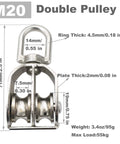 2 Packs Stainless M20 Double Pulley Block Lifting Teaction Wheel Wire Rope Crane for Lifting and Hanging, front view with dimensions