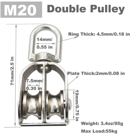 2 Packs Stainless M20 Double Pulley Block Lifting Teaction Wheel Wire Rope Crane for Lifting and Hanging, front view with dimensions
