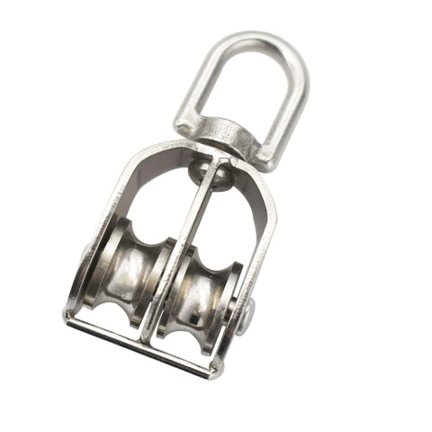 Front view of 2 Packs Stainless M20 Double Pulley Block Lifting Teaction Wheel Wire Rope Crane for Lifting and Hanging.