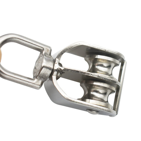 Side view of 2 Packs Stainless M20 Double Pulley Block Lifting Teaction Wheel Wire Rope Crane for Lifting and Hanging