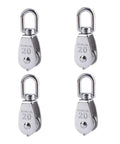 Four stainless steel M20 single wheel pulleys for wire rope hoisting, built with a 304 stainless steel body and 360-degree swivel wheel.