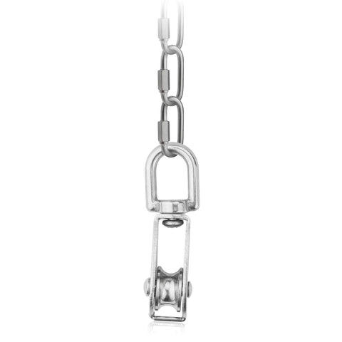16 Pack M20 Single Pulley Block With 200lbs Load Capacity In 304 Stainless Steel Swivel Pulley hanging from chain