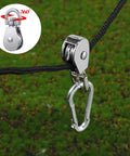 Close-up view of Pulley Block System Set, M20 Pulley Wheel Stainless Steel with 66ft Nylon Rope and Hooks in outdoor installation.
