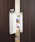 2 Pack Heavy Duty Magnetic Door Catch With 90lb Pull, Stainless Steel Anti Rust Design on wooden door, strong magnetic hold visible