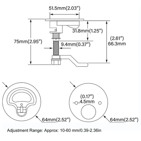 Technical diagram of 2 Inch Stainless Steel Marine Cam Latch For Boat Hatch Lock Recessed Pull Handle with dimensions