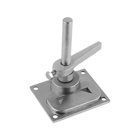 Stainless steel boat deck hatch latch with lift handle on square base plate, angled front view.