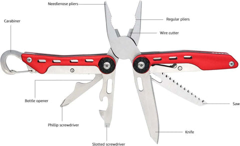10-In-1 Stainless Steel Multitool With Safety Lock And Red Nylon Sheath Including Needle Nose Pliers Standard Pliers Wire Cutter Knife Saw