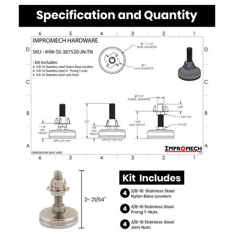 Diagram and components of the Beefy Stainless Steel Outdoor Leveler Kit with Four 3/8-16 Leg Levelers for cabinets and patio furniture.