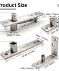 Heavy Duty Stainless Steel Wood Door Pivot Hinges Built Tough With 180 Degree Rotation Adjustable Swing Mount L Shape Design, showing product sizes.