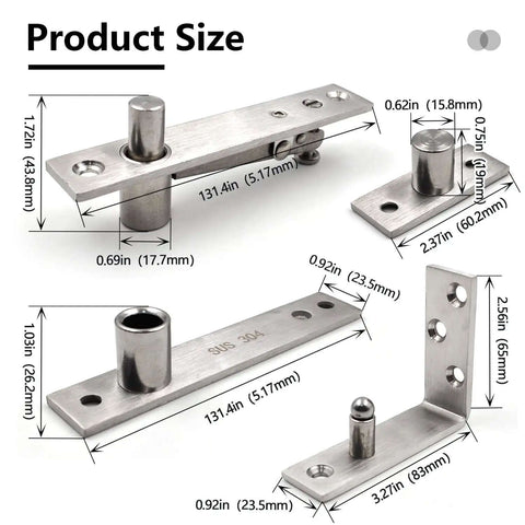 Heavy Duty Stainless Steel Wood Door Pivot Hinges Built Tough With 180 Degree Rotation Adjustable Swing Mount L Shape Design, showing product sizes.
