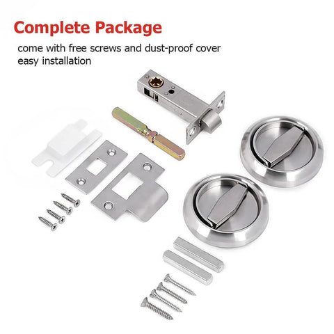 304 Stainless Steel Keyless Pocket Door Lock For Corridor Sliding Doors With Hidden Recessed Cup Install Brushed Silver Door Handles Easy Installation No Keys Required Durable Privacy Solution with complete hardware package.