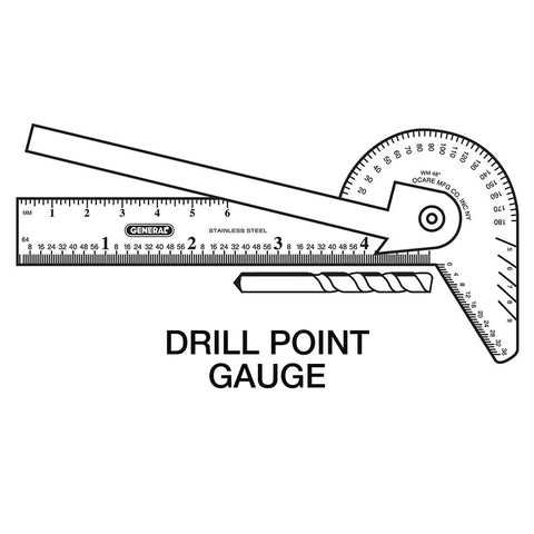 Compact stainless steel 6 in 1 pocket ruler and gauge showing drill point gauge and etched measurements in millimeters