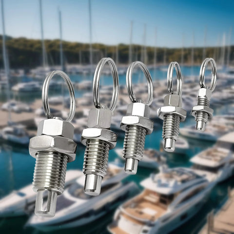 Beefy Heavy Duty Stainless Steel Pull Ring Indexing Plungers Set Of 4 M10 Retractable Spring Loaded Plungers with marine background