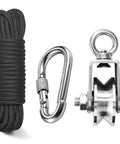 48MM Stainless Steel Crane Pulley Block and Tackle Pulley System with 1/4'' Nylon Rope 33ft & Spring Snap Clip Link Hooks