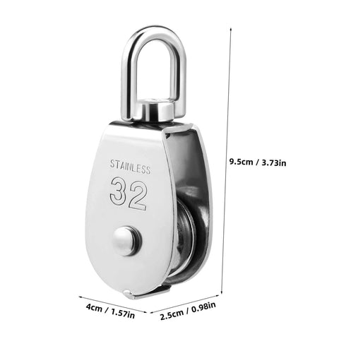 Front view of a stainless steel pulley with measurements. Product name: 3pcs Heavy Duty Stainless Pulley Swivel Lifting Wire Rope Crane for Construction DIY Projects.