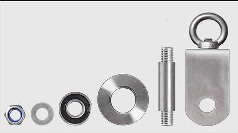 Components of two-pack H-groove stainless steel pulley wheels for sliding doors and rail systems, including nut, bearings, and fittings.