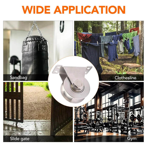 Wide applications of ✝️ 2PCS Groove Wheel Pulley, 304 Stainless Steel Pulley Blocks for sandbag, clothesline, slide gate, gym.