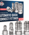 Heavy Duty Stainless Steel 3/8 Inch NPT Quick Connect Kit For Pressure Washers Four Pack With Push To Connect Fittings