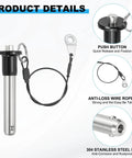 1/2 Inch Diameter 304 Stainless Steel Quick Release Pin With 2 Inch Usable Length Push Button Ball Locking Pin Includes 25 Cm Lanyard Cable And M5 Screw Silver Head Diameter 25 Mm Total Length 90 Mm Pin Length 60 Mm Rope Length 250 Mm detailed components view