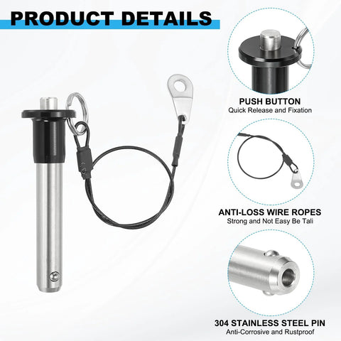 1/2 Inch Diameter 304 Stainless Steel Quick Release Pin With 2 Inch Usable Length Push Button Ball Locking Pin Includes 25 Cm Lanyard Cable And M5 Screw Silver Head Diameter 25 Mm Total Length 90 Mm Pin Length 60 Mm Rope Length 250 Mm detailed components view