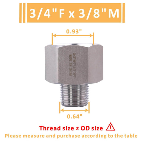 Front view of Forged 304 Stainless Steel Reducer Adapter Fitting Three Quarter NPT Female To Three Eighths NPT Male Pack Of Two