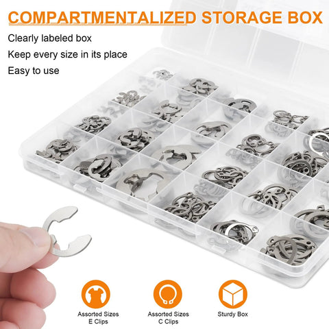 312 Piece Retaining Ring Kit With E Clips And External C Clips In 304 Stainless Steel in labeled storage box