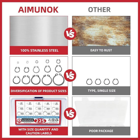 Comparison of 225 Piece External Retaining Ring Set 304 Stainless Steel Circlip Snap Ring Assortment Kit with other brands highlighting stainless steel quality, size variety, and packaging.