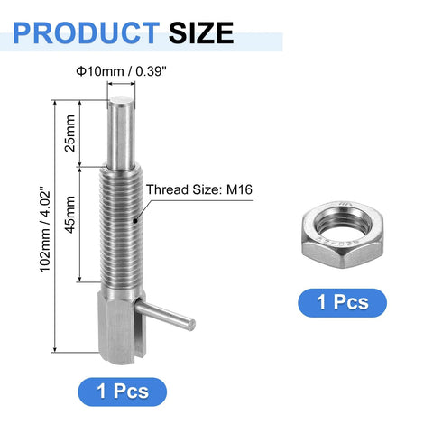 Retractable Indexing Plunger Pin With Nut For Machinery And Shipbuilding, M16 Thread, size details displayed, includes 1 piece