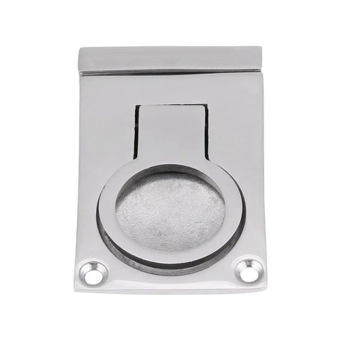 Front view of stainless steel ring-handle flush hatch locker for boats; 316 marine-grade, mirror-polished finish.