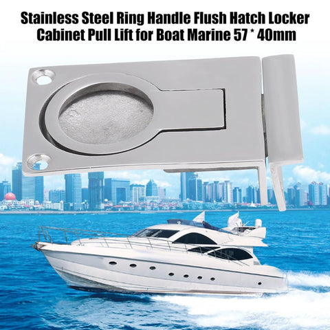 Close-up of stainless steel ring-handle flush hatch pull for boat decks; 316 marine-grade, mirror-polished