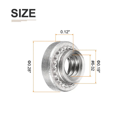 Self Clinching Rivet Nut Fastener 50 Pack in Stainless Steel Size 6 32 Thread 0.12 Inch Length 0.28 Inch Outer Diameter Heavy Duty Pro Grade For Construction And Metal Fabrication Projects, showcasing detailed measurements and design.