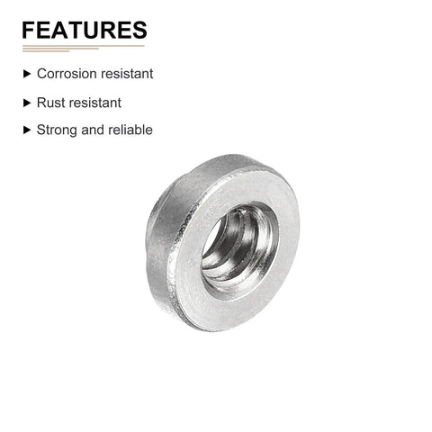 Self Clinching Rivet Nut Fastener 50 Pack in Stainless Steel Size 6 32 Thread 0.12 Inch Length 0.28 Inch Outer Diameter Heavy Duty Pro Grade For Construction And Metal Fabrication Projects features highlighted on white background with rust resistance and reliability shown.