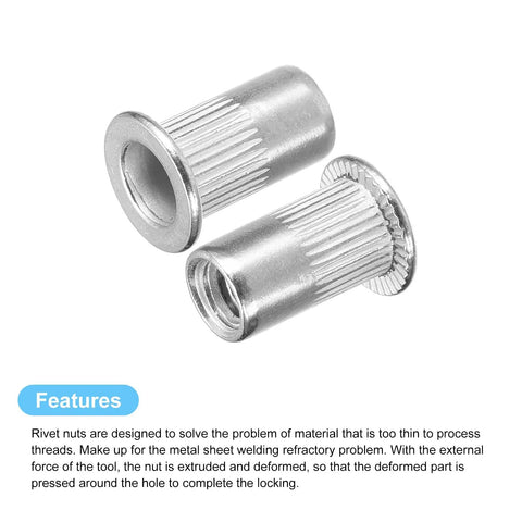 Rivet Nuts Thread Size 10 32 304 Stainless Steel Knurled Flat Head Threaded Inserts For Metal And Plastic 40 Pack, close-up view
