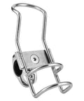 Front view of a stainless steel fishing rod holder with a 360-degree rail-mount clamp and locking mechanism.
