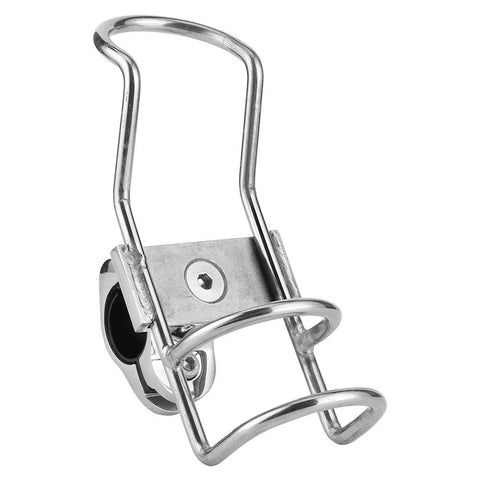 Front view of a stainless steel fishing rod holder with a 360-degree rail-mount clamp and locking mechanism.