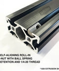 Ten Series Stainless Steel Self Aligning Roll In T Nut With Ball Spring For One Quarter Twenty Thread installed in 8020 extrusion