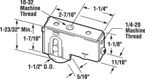 Diagram of a Sliding Door Roller Assembly With 1-1/2 Inch Stainless Steel Ball Bearing Roller, Center Grooved Wheel, Adjustable Housing