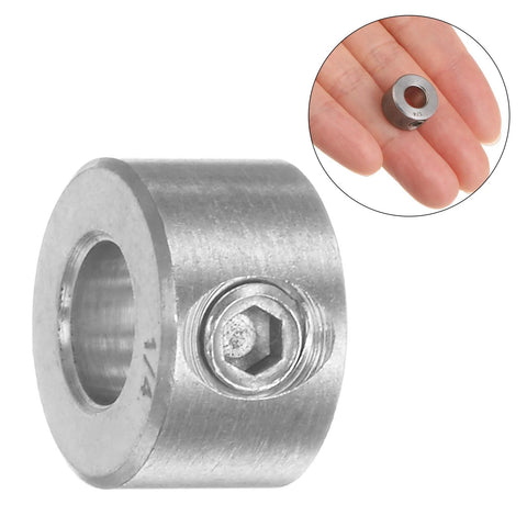 Heavy Duty 4 Pack Shaft Collars With One Quarter Inch Bore 304 Stainless Steel Set Screw Rings shown close-up and in hand