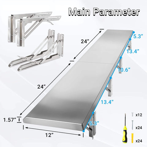 Drop Down Concession Shelf 48 By 12 Inches Stainless Steel Foldable Stand Shelf dimensions and bracket details shown